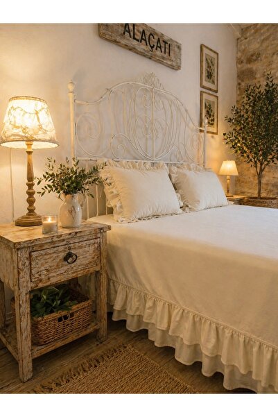 Decamor home Çift Kat Fırfırlı Ekru Yatak Örtüsü Çift Kişilik