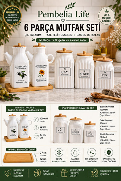 Kitchen Pembelia 6 Parça Bambu Standlı Kare Porselen 1000ml Yağdanlık Ve 3’lu...