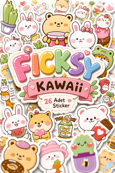 Ficksy Kawaii Stili Sevimli Hayvanlar Sticker Seti - 26 Adet Etiket Çıkartma