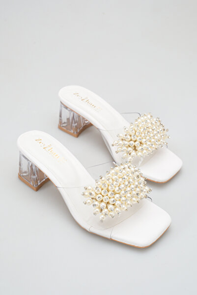 Bilalim Shoes İncili Taşli Şeffaf Topuklu 5 cm Kadın Terlik Şık ve Rahat