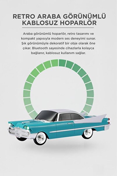 Torima Bluetooth Hoparlör Retro Klasik Araba Tasarımlı TWS 10W FM USB Speaker D86 Koyu Yeşil