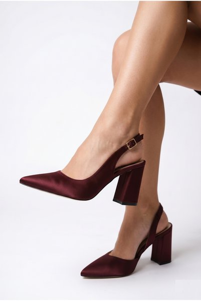 Redoxy Women's Dark Burgundy Satin Fabric Asymmetrical Banded Pointed Toe Thick Heeled Shoes