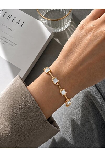 Ceso Accesories 14 K Kare Detaylı Geometrik Bar Bileklik