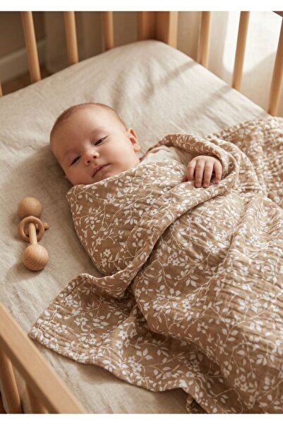 Caline Baby غطاء قماش موسلين نمط بنفسجي - بيج 120×120 سم + 4 مناديل مبللة للفم