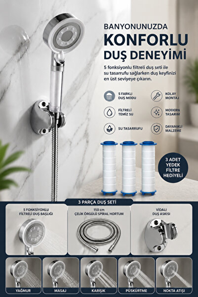 Plodna House Filtreli Beyaz Çelik 5 Fonksiyonlu Duş Başlığı Seti 3 Adet Yedek...