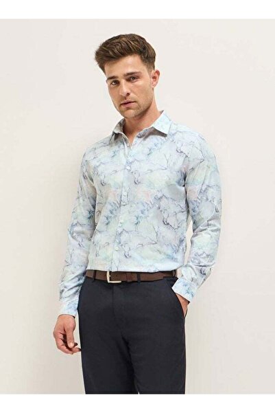 The Bear House Men's Light Blue Marble Abstract Print Tailored Fit Formal Shi...