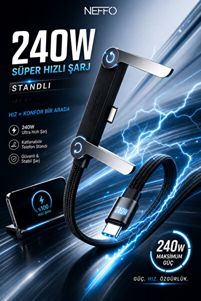 NEFFO 240W Ultra Hızlı Type-C Şarj Data Kablosu Katlanabilir Standlı Ergonomi...