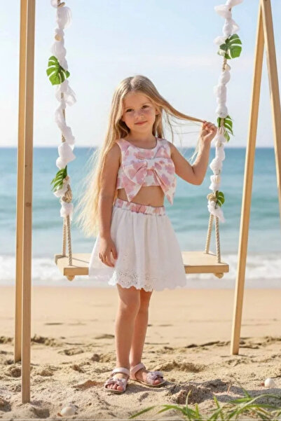 Kidmark Çocuk Modası طقم علوي وسفلي مزين بشريط وردي مغبر للفتيات