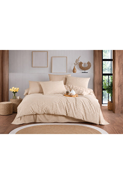 Beğenal Single Cotton Natural Stripe Duvet Cover Set