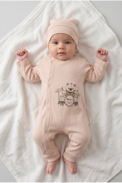 hobbe baby 2'li Tulum Seti 3 - 6 Ay Manşetli Çıtlı Baskılı Tulum ve Şapka "Yo...
