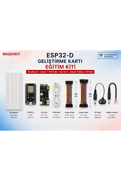 MASROKİT ESP32-D WiFi + Bluetooth Geliştirme Kartlı Eğitim Kiti (Breadboard +...