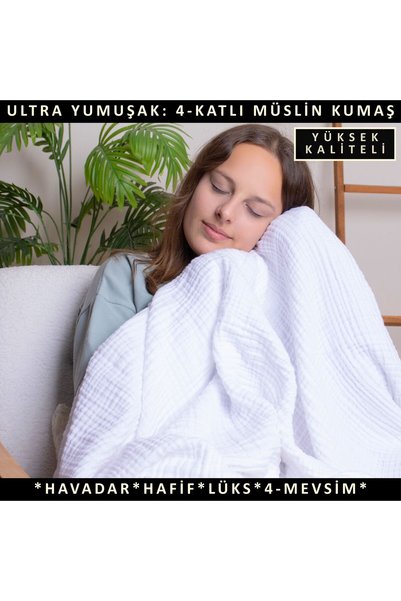 Püskül Tekstil Luxury Muslin Throw Blanket Wide 135X170Cm-100% Cotton Soft Quality Muslin Sofa Cover & Shawl