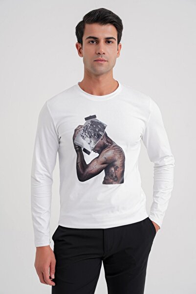 Efor Slim Fit Baskılı Pamuklu Uzun Kollu Beyaz Tişört TS 862