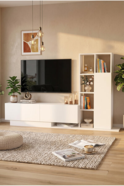 Yurudesign Blaze Tv Ünitesi Kapaklı Kitaplık Raf Beyaz BE1-W
