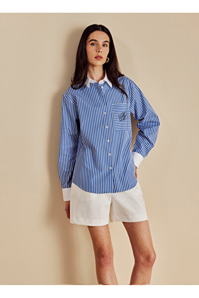 BROOKS BROTHERS Mavi-Beyaz Kadın Çizgili Gömlek BBSS26FSH017