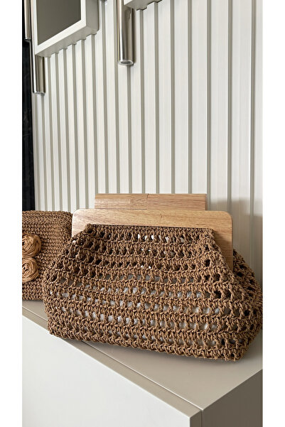WOMANBAG El Yapımı Hasır Ahşap Burslu Clutc Portföy Çanta (40X25CM)