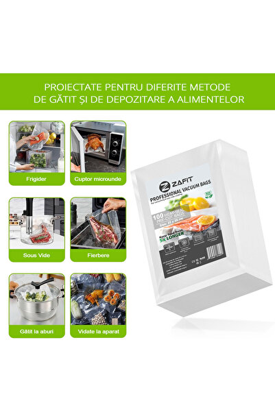 zafit Set 100 Pungi vidat gofrate ZAFIT™, 25 x 35 cm, pentru aparat de vidat alimente, reutilizabile, rezistente, sous vide, lavabile in masina de spalat, fara BPA, transparent