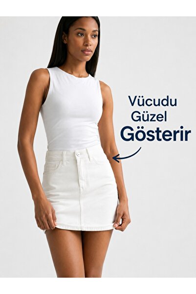 jean shop Kadın Yüksek Bel Mini Kot Etek Cepli Dar Kalıp %100 Pamuk Denim Etek