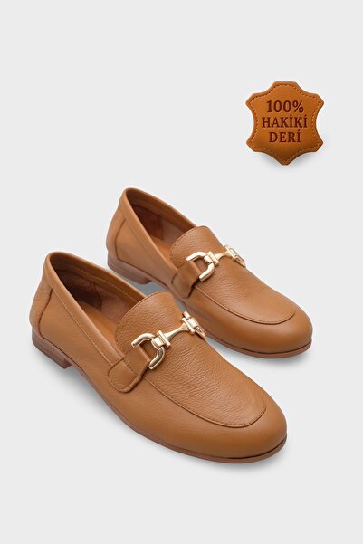 Capone Outfitters Kadın Gold Tokalı Hakiki Deri Taba Loafer