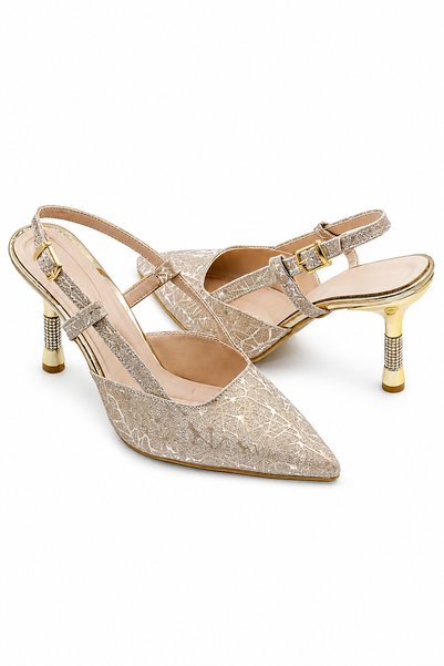 CARLA BELLA Women's Heeled Evening Dress Shoes Satin Patterned Stylish Fabric Detail Gold Women's Shoes