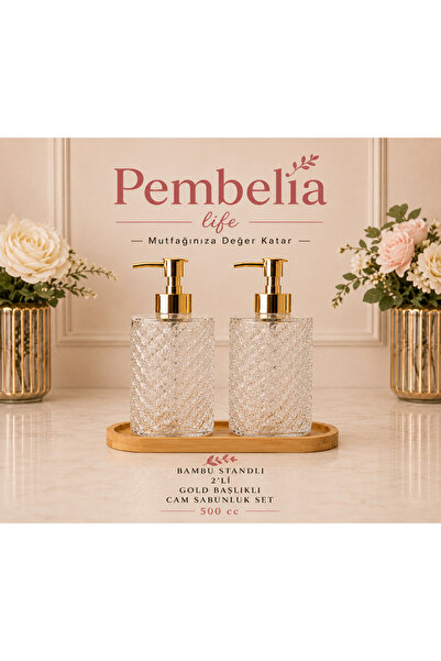 Kitchen Pembelia Комплект от 2 кристални стъклени сапунерки с бамбукова стойк...