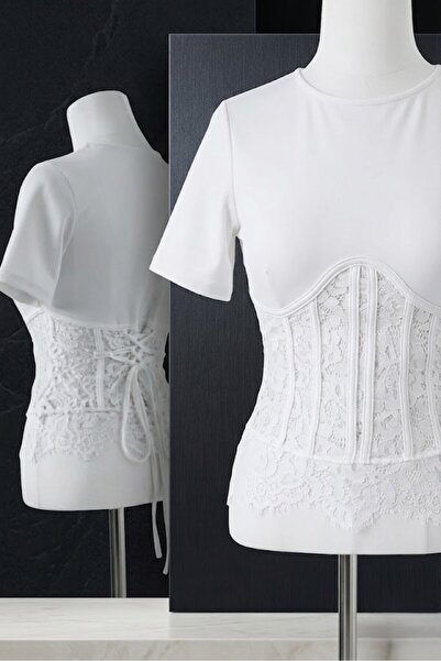LOKADI Bluză de damă cu dantelă și corset - Tricou elegant cu bretele și șire...