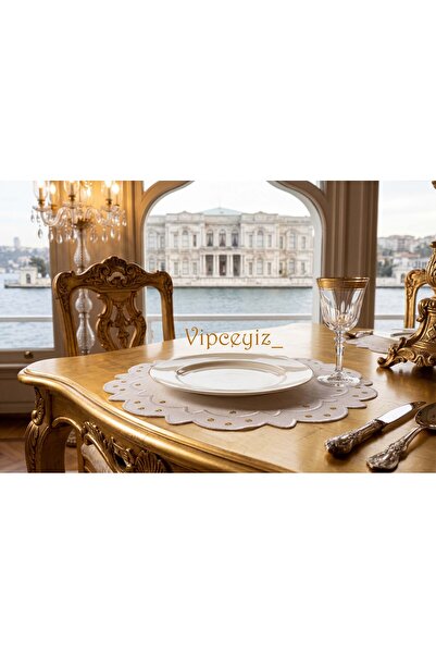 vipceyiz Set de masă american de lux, brodat, auriu și ecru, 1 bucată