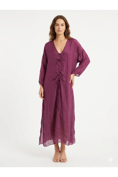 della moor Italian Burgundy Collar Gathered Fold Long Sleeve Lined Long Silk ...