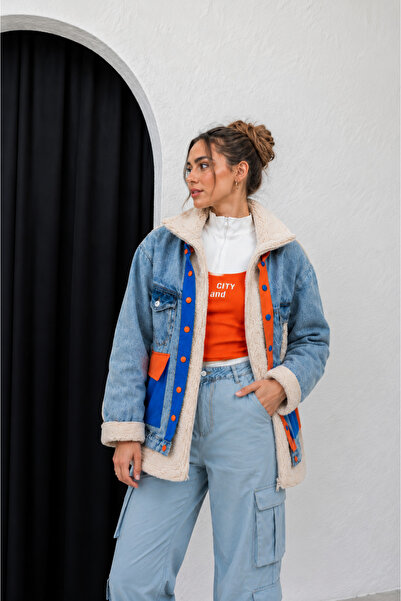 İLKCET MODA Denim Mix Oversize Kadın Peluş Mont