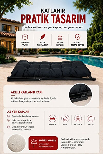 HASTUNÇ Özel Seri Minderli Katlanır Şezlong Seti 2’li + Sehpa | Bahçe Balkon Teras Plaj
