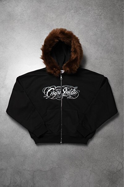 Crupt Studio Siyah Crupt Fur Erkek Ceket Zip Hoodie