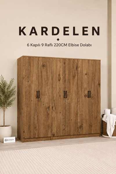 midoser Kardelen Serisi Atlantik Çam 6 Kapaklı 9 Raflı 220 Cm Elbise Dolabı- ...