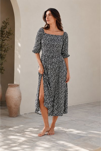 Aydoğan Lodos Store Women's Open Square Collar Short Sleeve Colorful Floral Pattern Long Dress Black