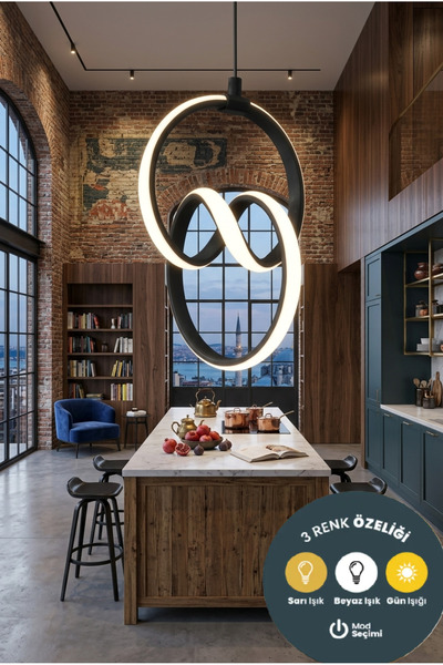 Lzy Avize Store Orbit Siyah Halka Modern Sarkıt LED Avize 3 Renk | Salon, Ant...