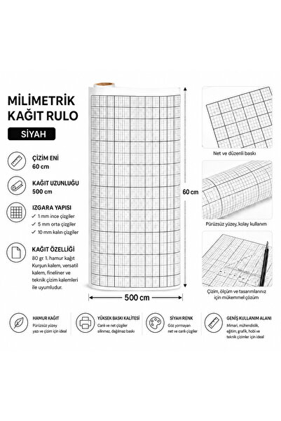 AHDTOPTAN Milimetrik Kağıt Rulo 60 Cm x 5 Metre 80 gr 1. Hamur Teknik Çizim K...