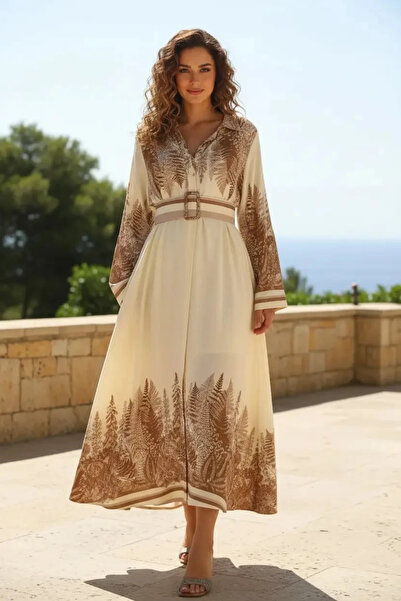ABBRA Women's Loose 100% Viscose Summer Dress with Belt Pocket Detail
