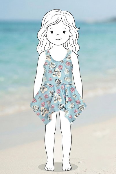 ZUZUNGA Girl Power Çiçek Desenli Kız Çocuk Mavi Mayo Elbise