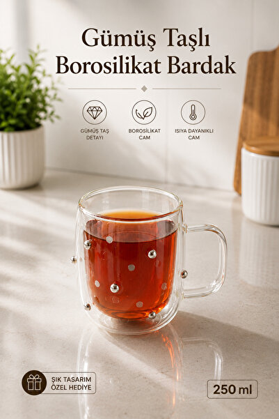 naturelove Gümüş Taşlı Çift Cidarlı Borosilikat Cam Çay & Kahve & Latte Barda...