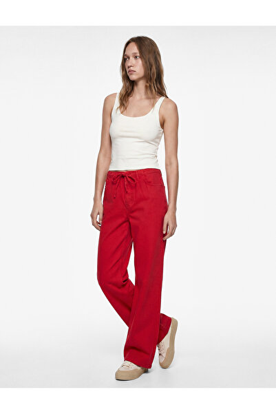 Koton Pamuklu Cep Detaylı Beli Bağcıklı Bol Pantolon - Loose Straight Fit Jean
