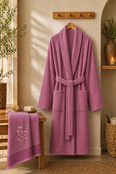 sternen glanz Nevra Towel Embroidered 100% Cotton Soft 2-Piece Bathrobe - Hair Towel Set / Dowry Set / Hammam Set