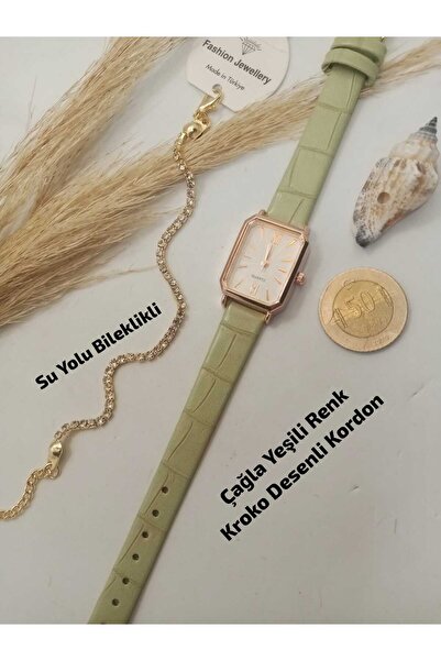 Brality Women's Wristwatch Vintage Design, Rose Color Case, Green Color Strap...