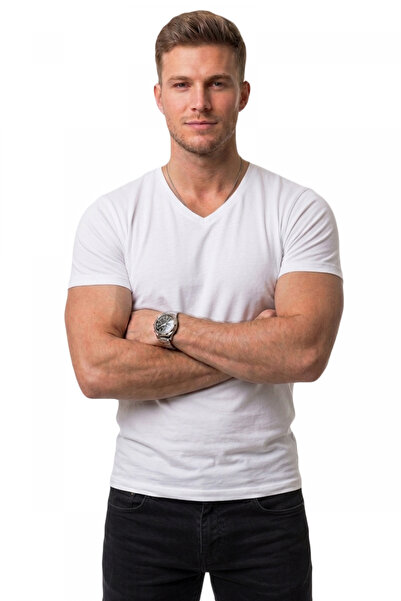 DeepSEA Men's White Slim Fit 90% Cotton V-Neck Lycra Soft Textured Basic T-Sh...