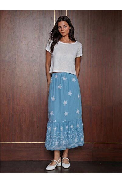 WeShaya Indigo Patterned Chiffon Skirt, 90 cm in Length, 100% Polyester, Long...