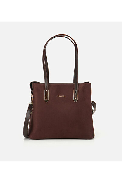 Hotiç Women's Suede Brown Shoulder Bag with Gold Accessories