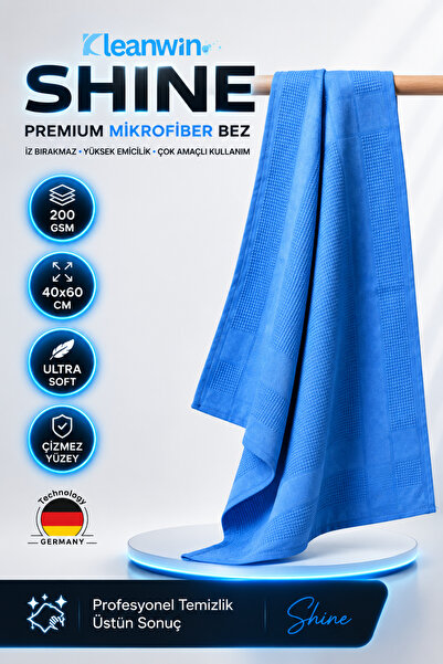 Kleanwin Shine Mikrofiber Cam Bezi 40x60 cm | 200 GSM | Mavi | İz Bırakmaz, E...