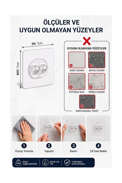 Sas Haus 10 Adet 7x7cm Yedek Süper Güçlü Yapışkanlı Askı, 20KG Banyo - Mutfak Raf Tutucu Sticker, Delmesiz