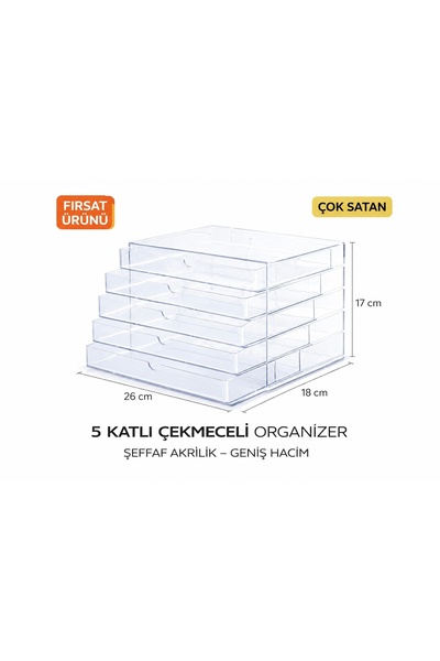 Aşkana Akrilik Kozmetik Organizer,5 Çekmeceli Çok Amaçlı Düzenleyici(Makyaj,T...