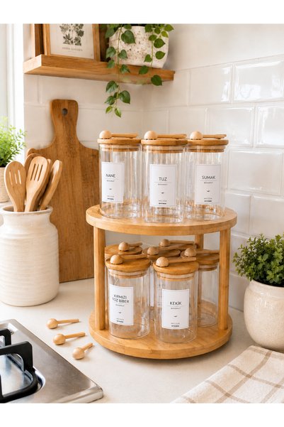 BUCOLIC Bambu Döner Standlı 14'lü Bambu Vakum Kapak Cam Baharatlık Seti 300 ml 14 Baharat Kaşığı