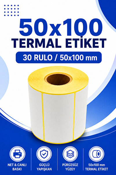 Küresel Etiket Barkod 50x100mm Termal Etiket | 30 Rulo | 1000 Sarım | Ribonsu...