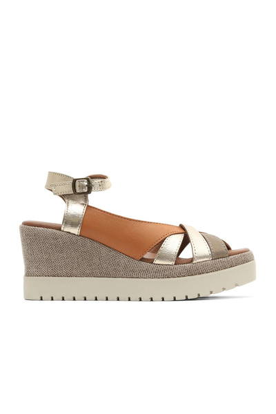 Bueno Shoes صندل نسائي بكعب عريض من الجلد باللون الذهبي الداكن 01wu3802